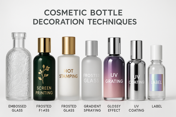 What are the different types of bottle decoration techniques used in cosmetics?