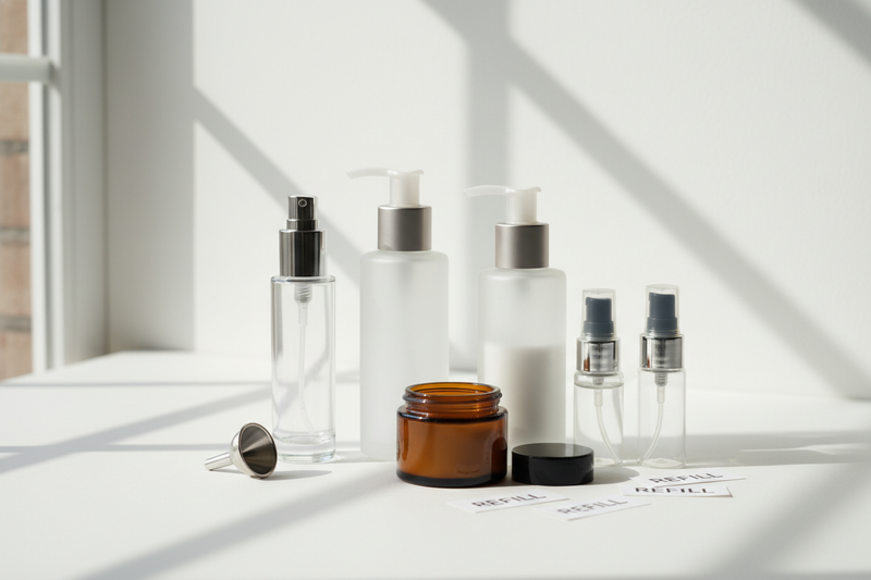 What are the benefits of using refillable cosmetic bottles?