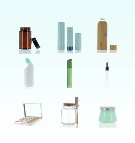 An assortment of APG bottles, jars, pumps and cosmetic packaging